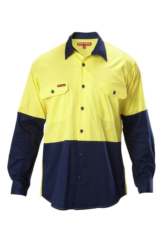 Hard Yakka-Hard Yakka Koolgear Hi-visibility Two Tone Cotton Twill Ventilated Shirt Long Sleeve-Yellow/Navy / S-Uniform Wholesalers - 3