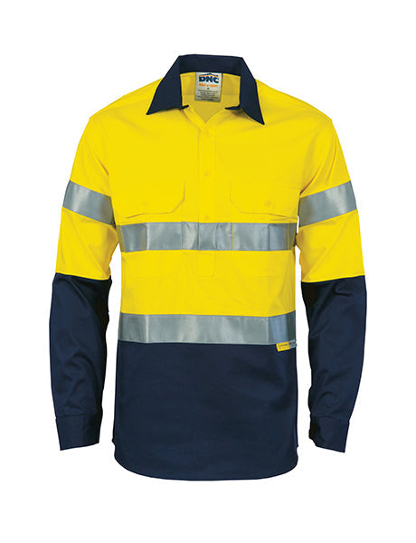 DNC HiVis Two Tone Close Front Cotton Shirt with 3M R/Tape, Long Sleeve (3849)