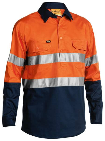 Bisley 2 Tone Hi Vis Cool Lightweight Closed Front Shirt 3M Reflective Tape - Long Sleeve (BSC6896)