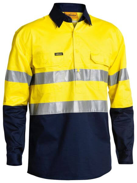 Bisley 2 Tone Hi Vis Cool Lightweight Closed Front Shirt 3M Reflective Tape - Long Sleeve (BSC6896)