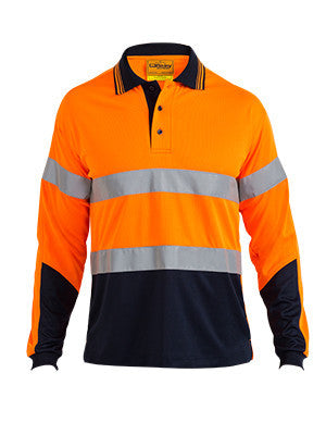Bisley Workwear-Bisley Two Tone Hi Vis Taped Long Sleeve Micromesh Poloshirt-Orange/Navy / S-Uniform Wholesalers - 1